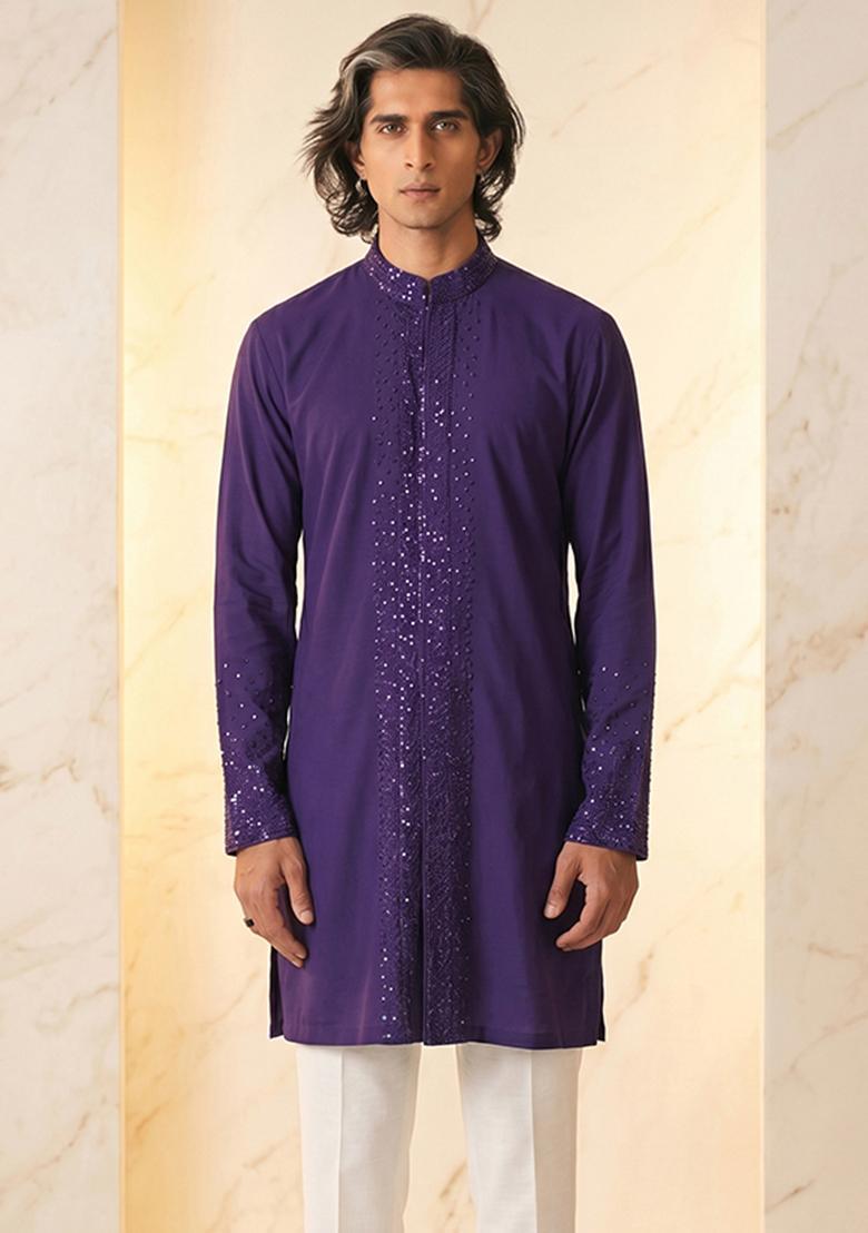 Purple Handwork Satin Kurta Set - Indya