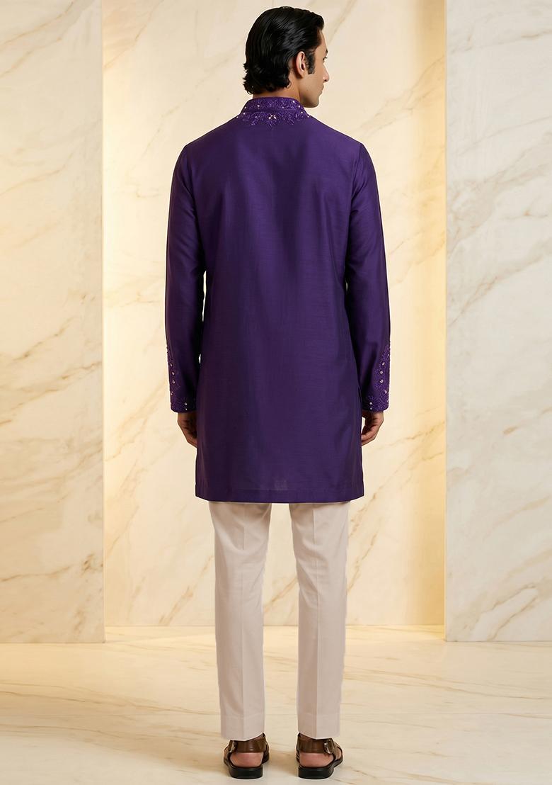 Purple Handwork Satin Kurta Set - Indya