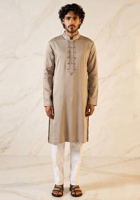 Beige Handwork Satin Kurta Set
