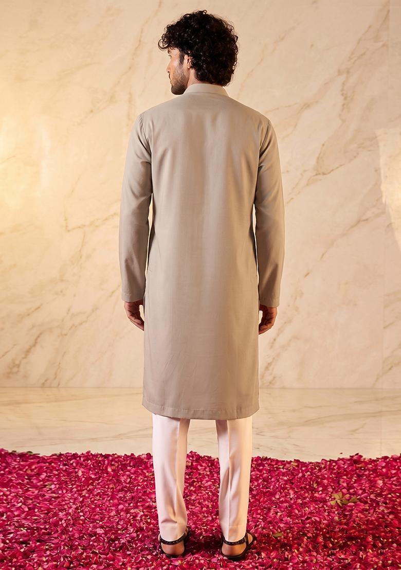Beige Handwork Satin Kurta Set - Indya