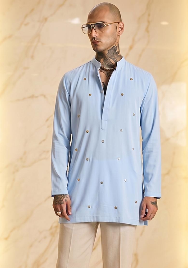 Sky Blue Handwork Silk Blend Kurta Set - Indya