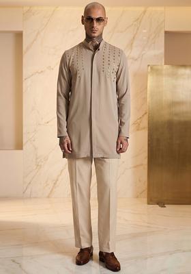 Beige Handwork Silk Blend Kurta Set