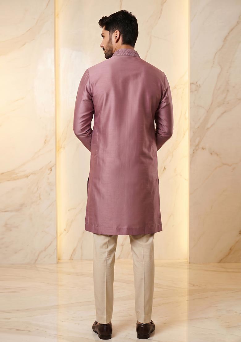 Dusty Mauve Handwork Silk Blend Kurta Set - Indya