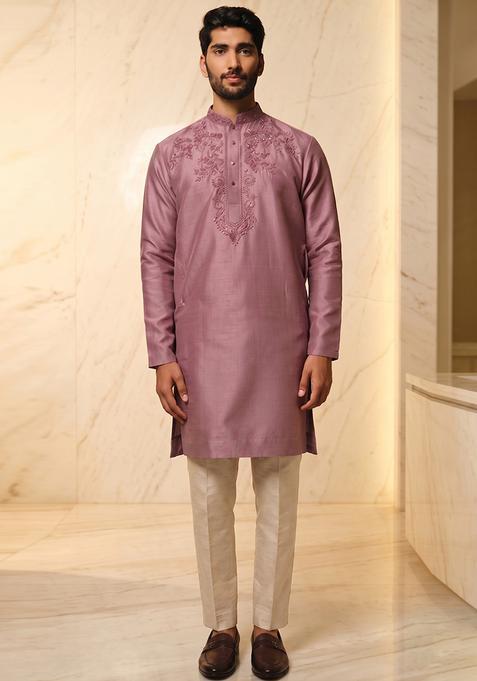 Dusty Mauve Handwork Silk Kurta Set