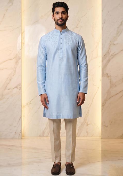 Sky Blue Handwork Silk Kurta Set