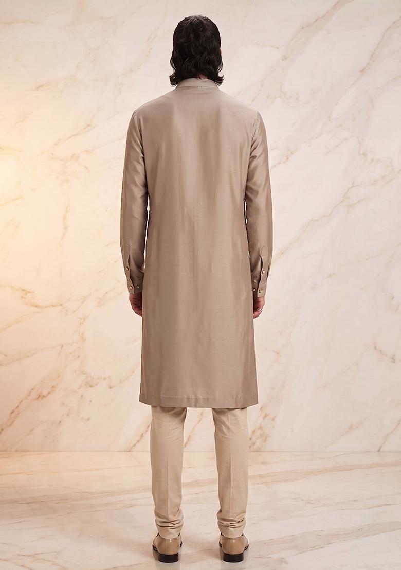 Beige Handwork Satin Kurta Set - Indya