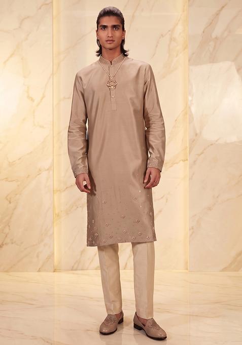 Beige Handwork Satin Kurta Set