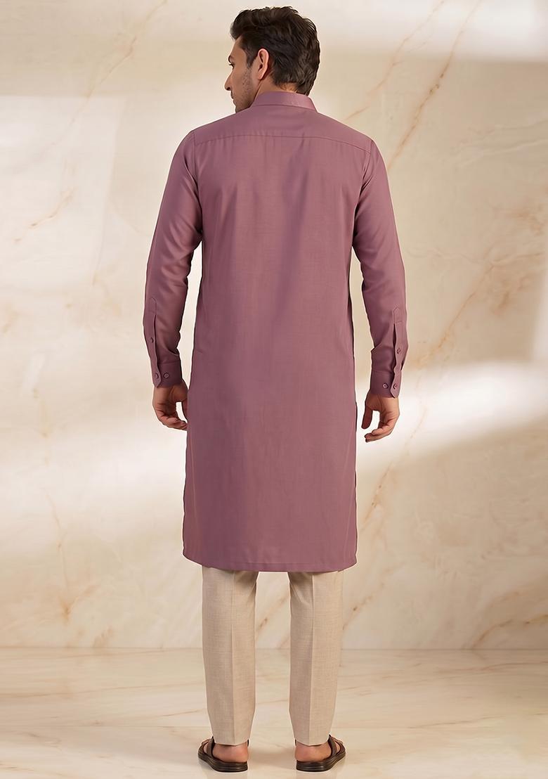 Dusty Mauve Handwork Satin Kurta Set - Indya