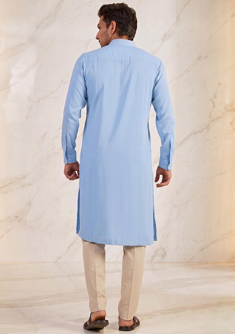 Sky Blue Handwork Satin Kurta Set - Indya