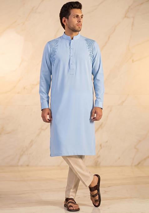 Sky Blue Handwork Satin Kurta Set
