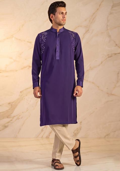 Purple Handwork Satin Kurta Set