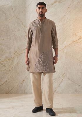 Beige Handwork Silk Blend Kurta Set
