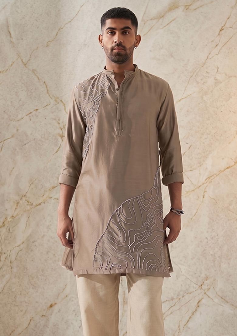 Beige Handwork Silk Blend Kurta Set - Indya
