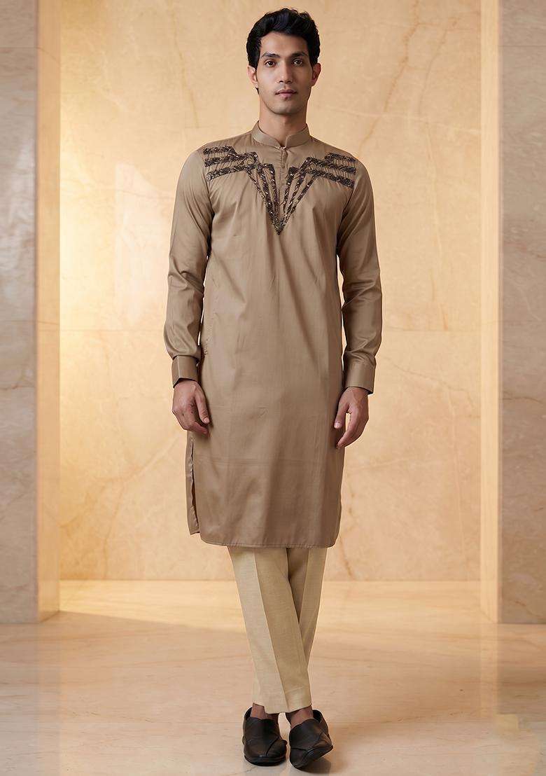 Taupe Handwork Kurta Set For Men - Indya