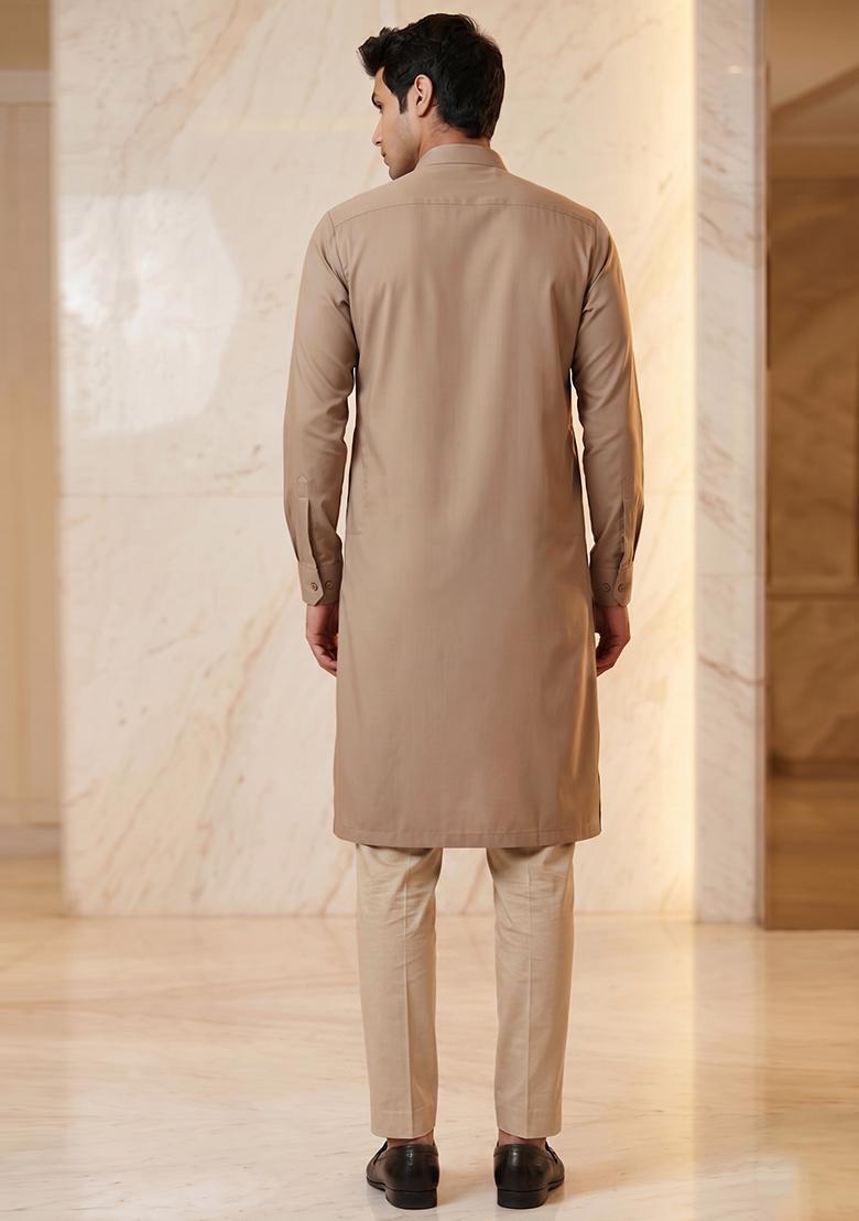 Taupe Handwork Kurta Set For Men - Indya