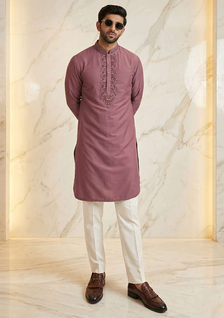 Dusty Mauve Handwork Silk Kurta Set - Indya