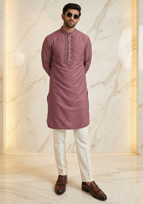Dusty Mauve Handwork Silk Kurta Set