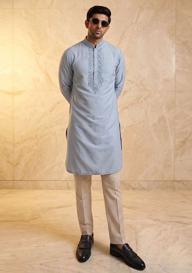 Pastel Blue Handwork Silk Kurta Set - Indya