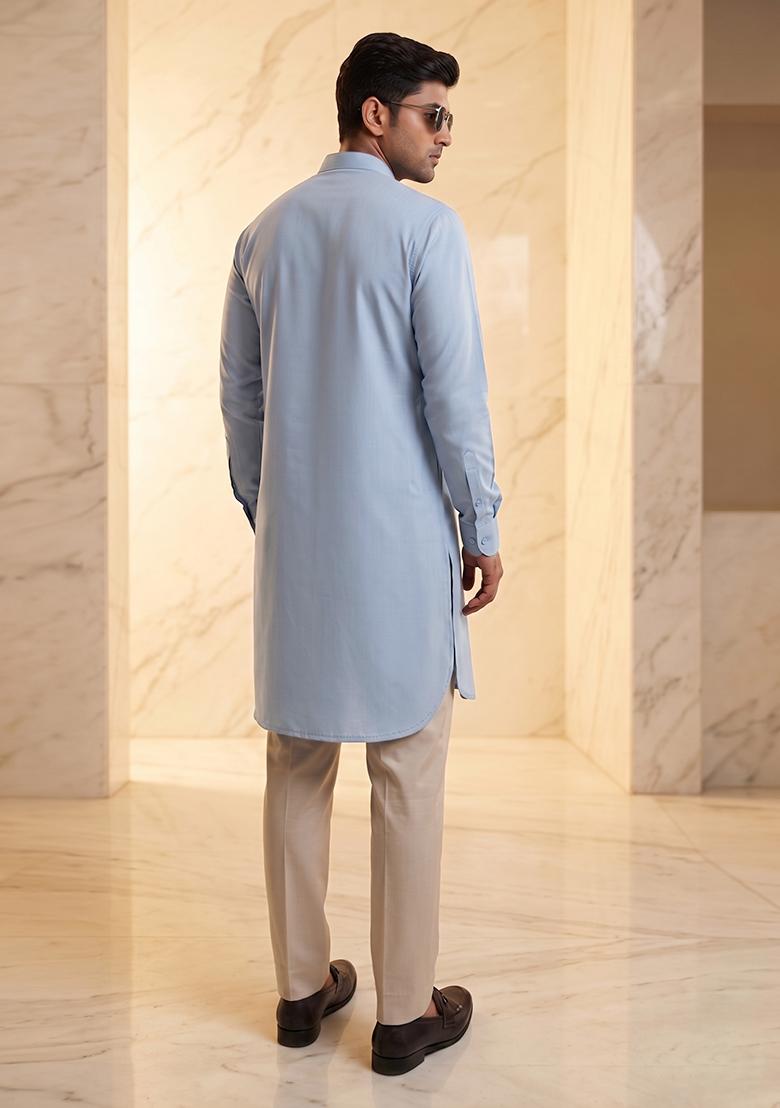 Pastel Blue Handwork Silk Kurta Set - Indya