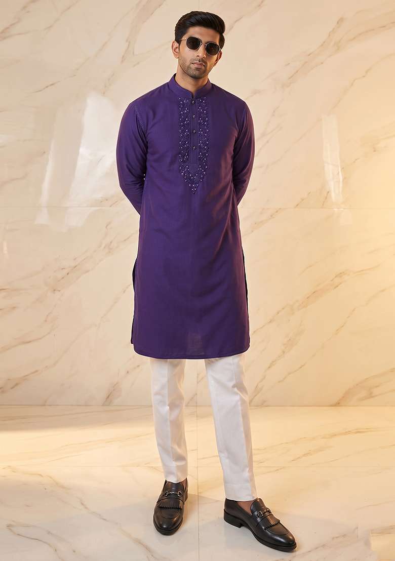 Purple Handwork Silk Kurta Set - Indya
