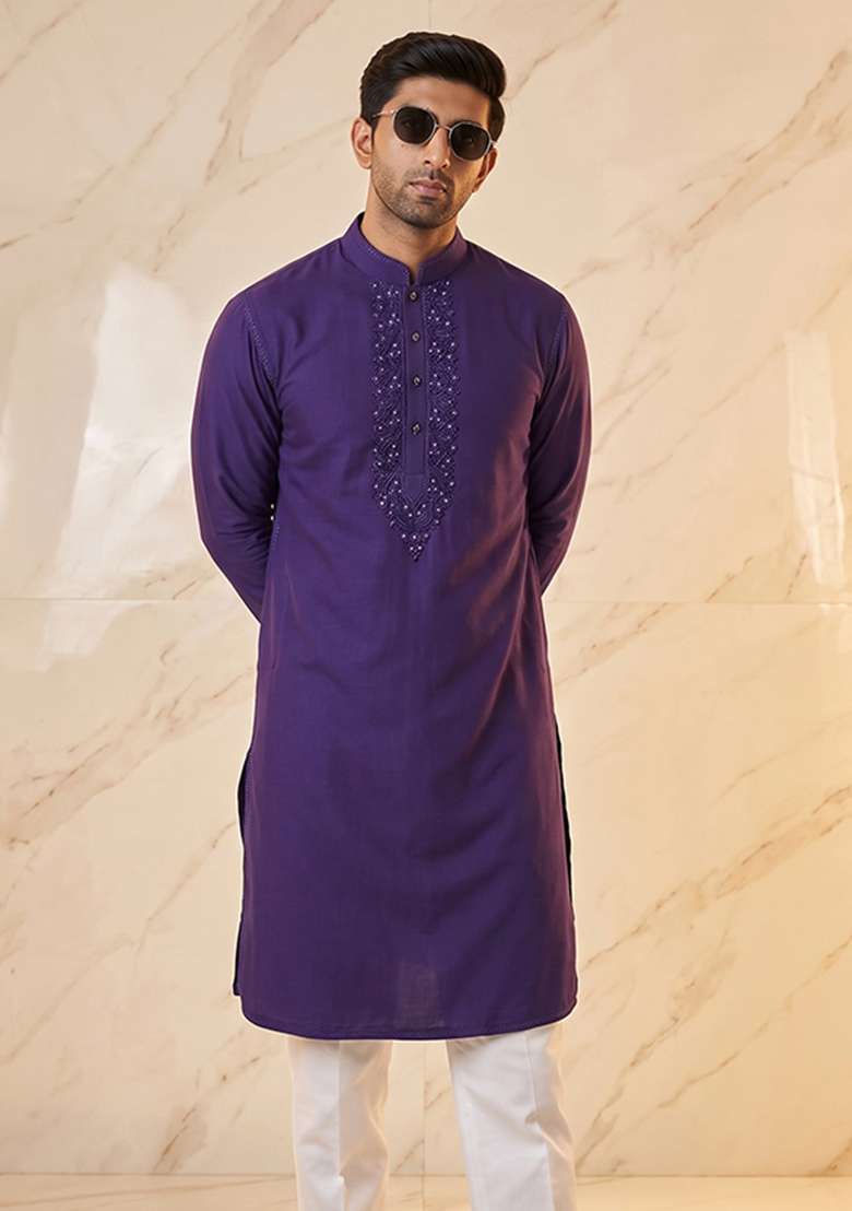 Purple Handwork Silk Kurta Set - Indya
