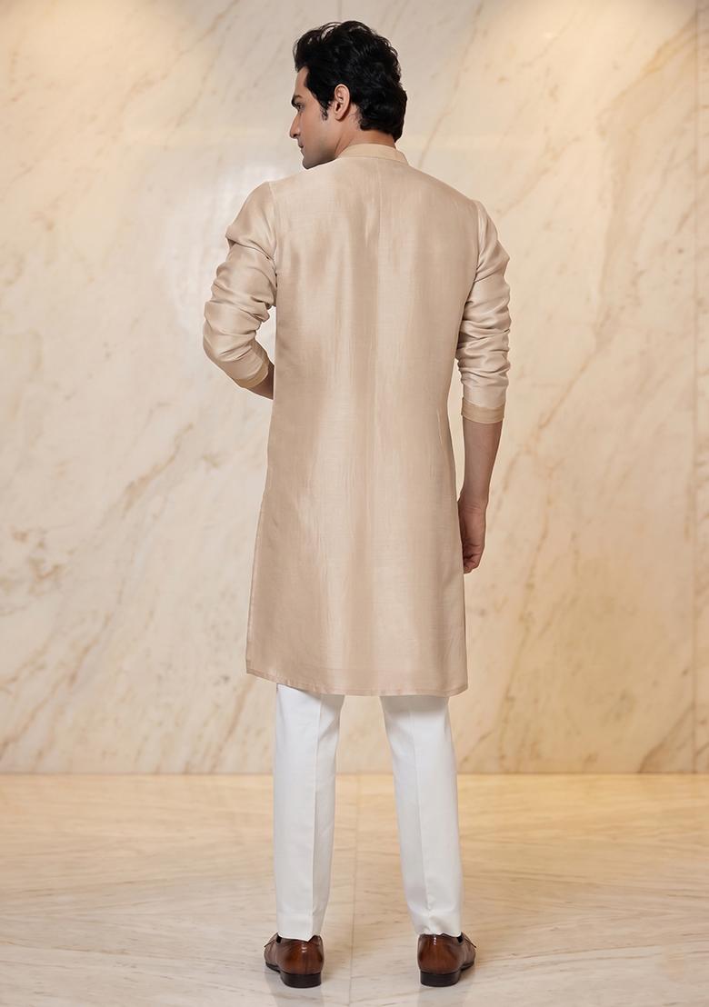 Beige Handwork Silk Kurta Set - Indya