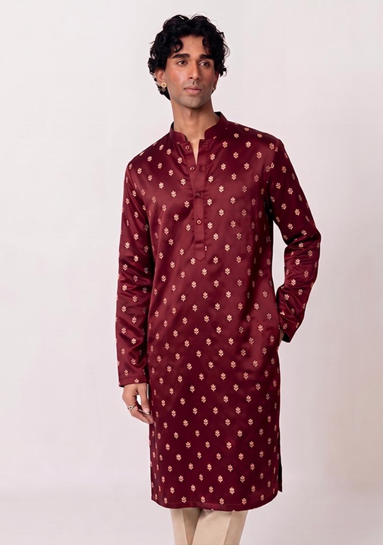 Maroon Handwork Silk Kurta Set - Indya