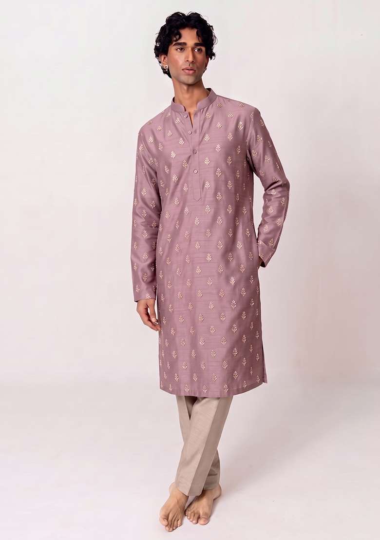 Mauve Handwork Silk Kurta Set - Indya