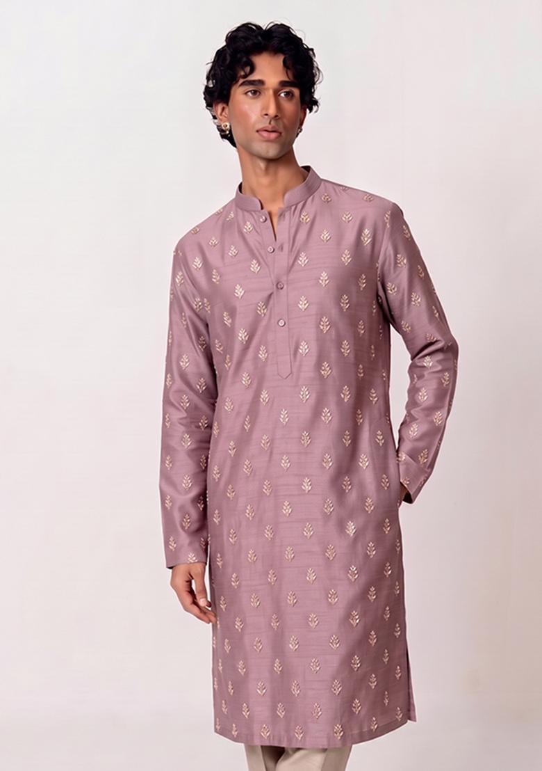 Mauve Handwork Silk Kurta Set - Indya