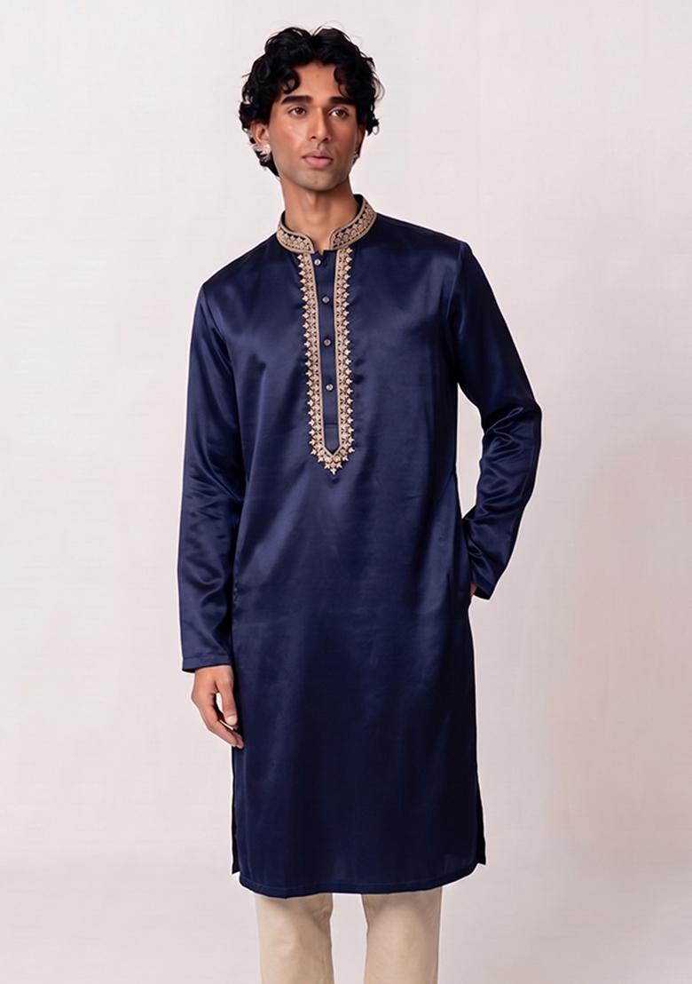 Navy Blue Handwork Silk Kurta Set - Indya