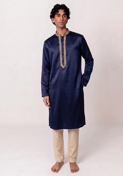 Navy Blue Handwork Silk Kurta Set