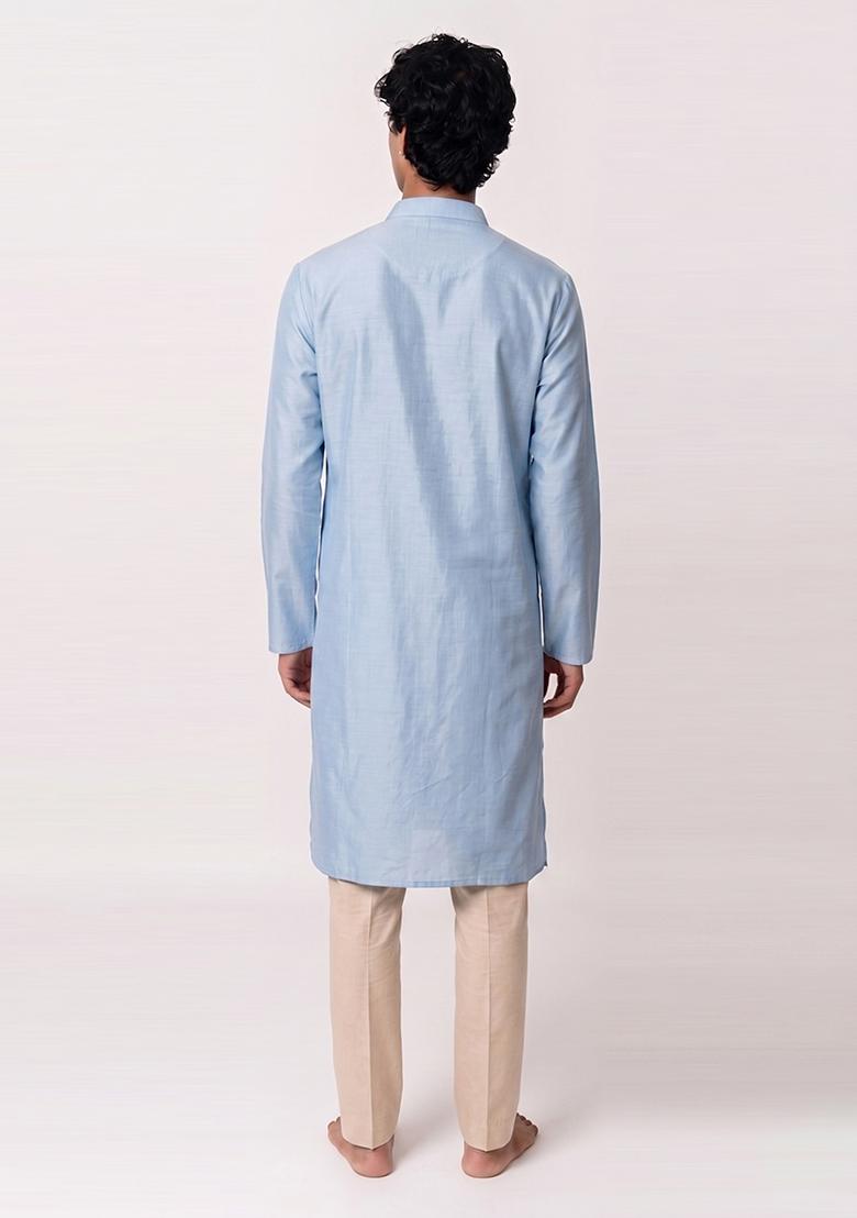 Sky Blue Handwork Silk Kurta Set - Indya
