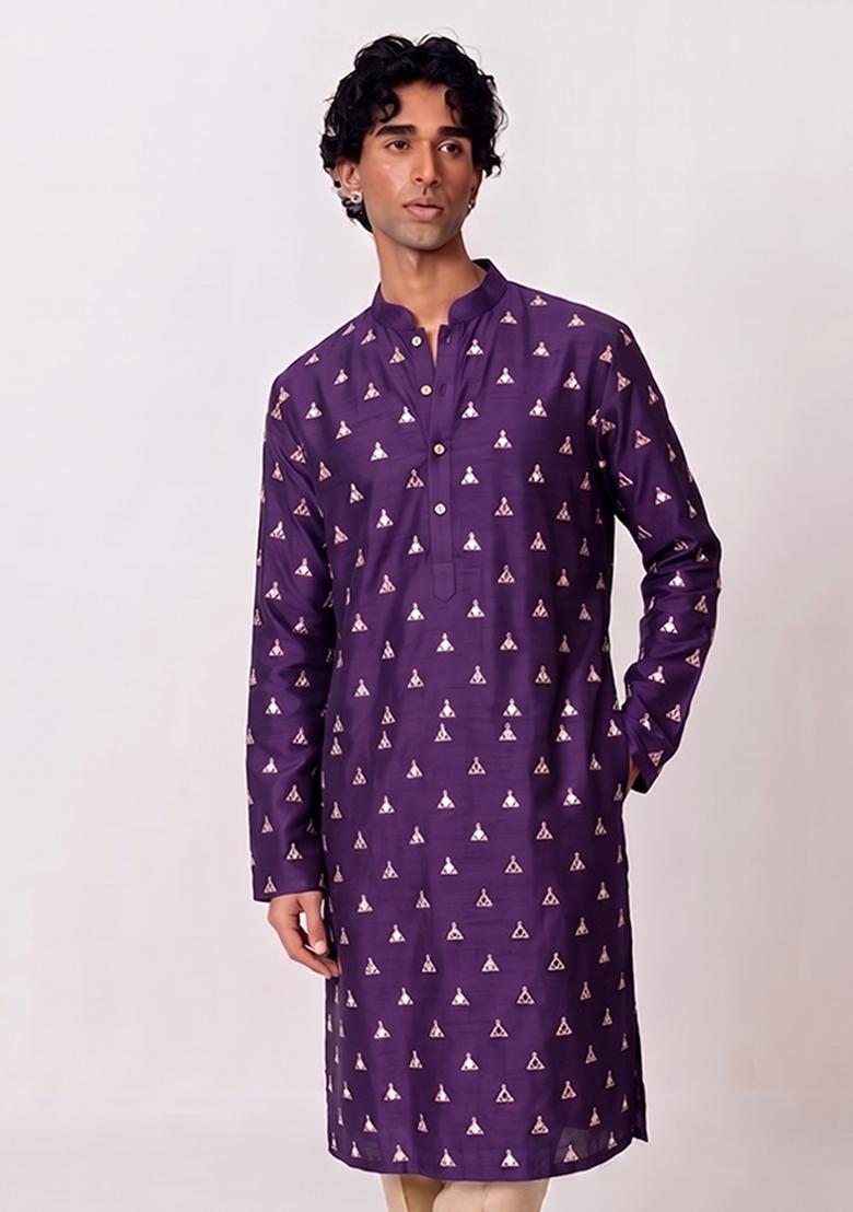 Deep Purple Handwork Silk Kurta Set - Indya