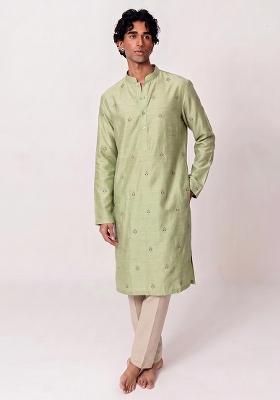 Olive Green Handwork Silk Kurta Set