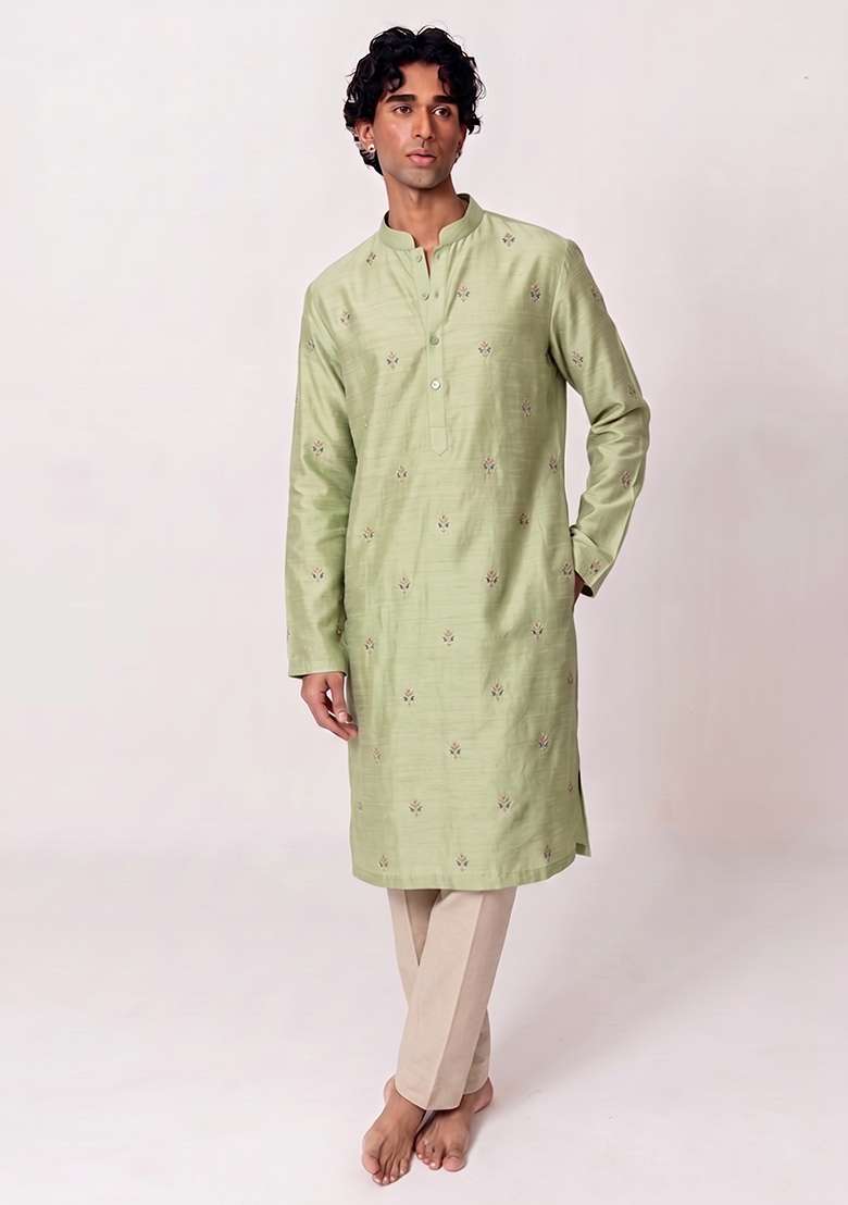 Olive Green Handwork Silk Kurta Set - Indya