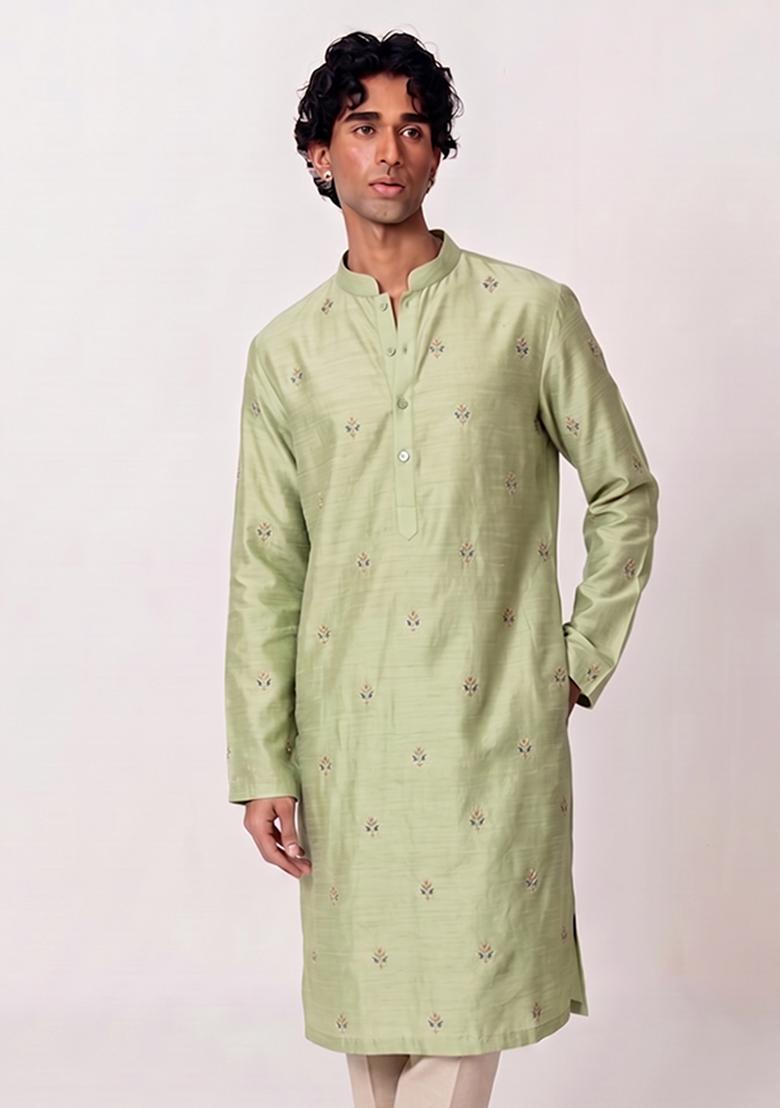 Olive Green Handwork Silk Kurta Set - Indya