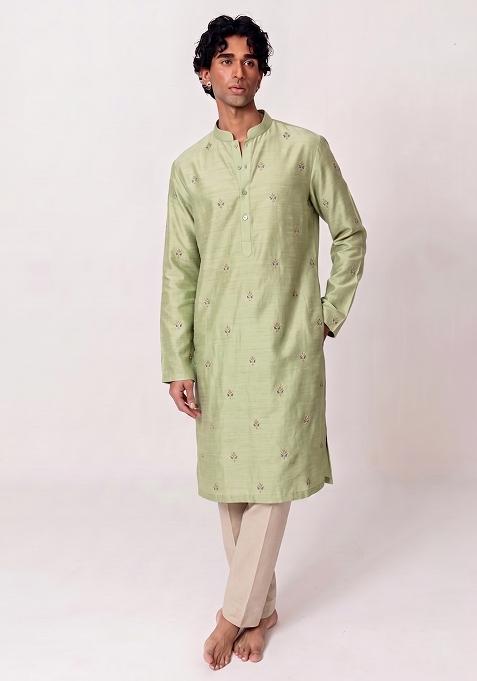 Olive Green Handwork Silk Kurta Set