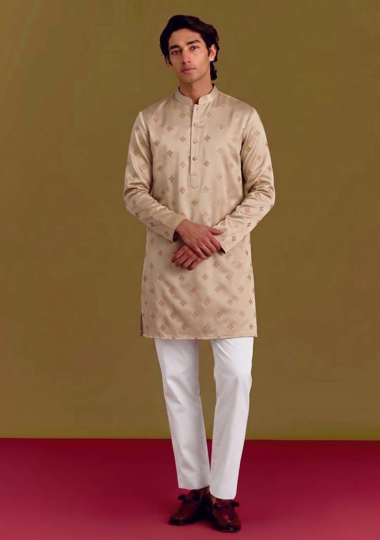 Beige Handwork Silk Kurta Set - Indya