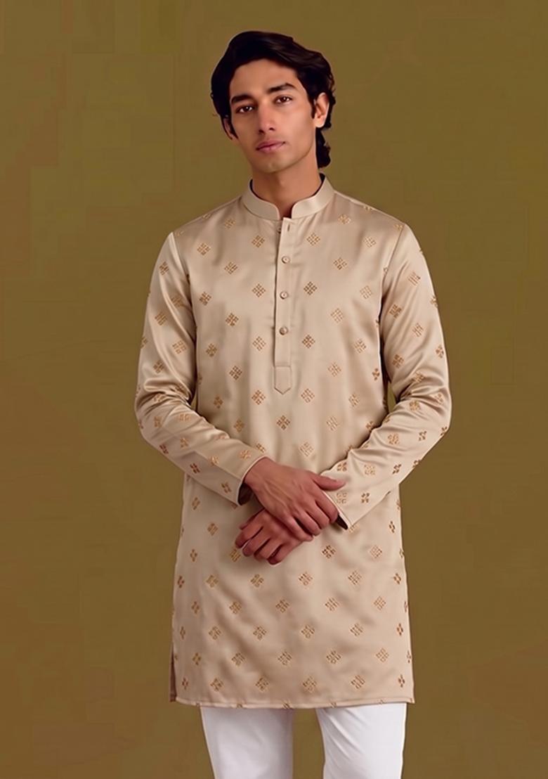 Beige Handwork Silk Kurta Set - Indya