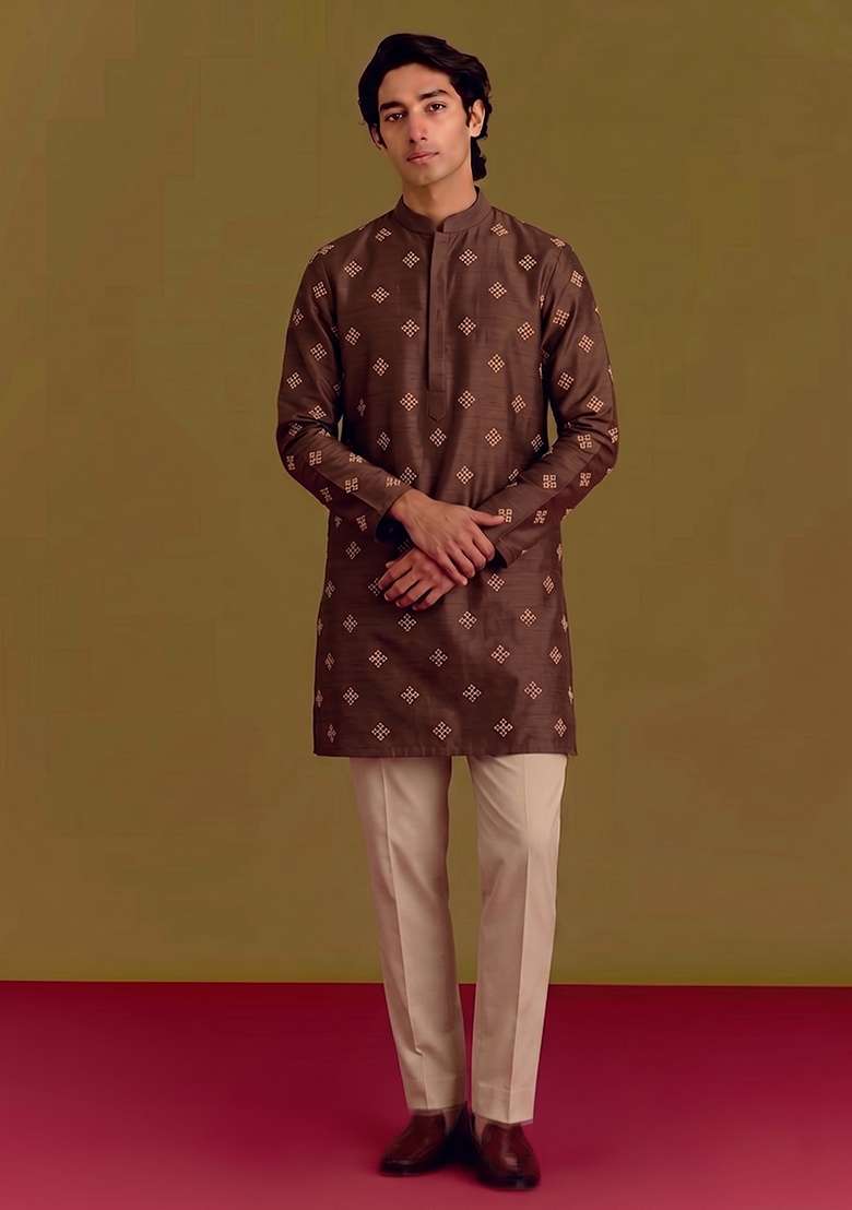 Deep Brown Handwork Silk Kurta Set - Indya
