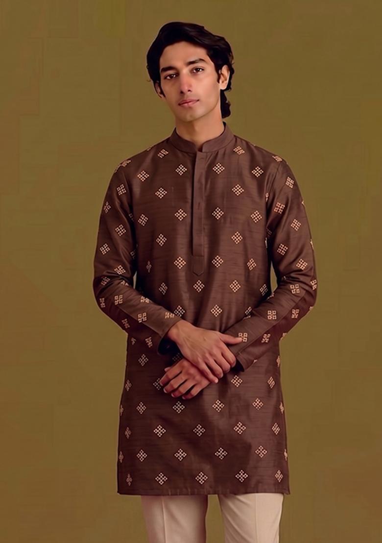 Deep Brown Handwork Silk Kurta Set - Indya