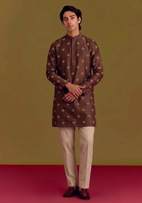Deep Brown Handwork Silk Kurta Set