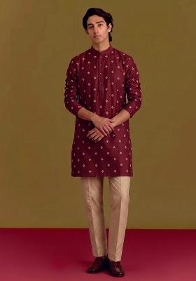Maroon Handwork Silk Kurta Set