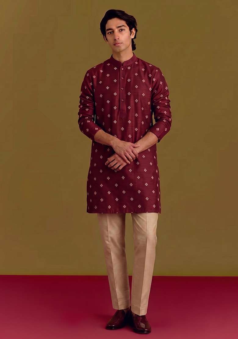 Maroon Handwork Silk Kurta Set - Indya