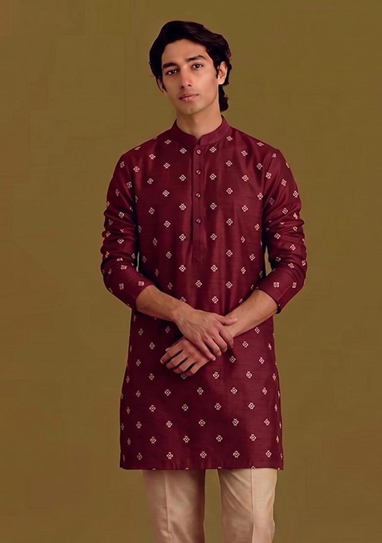 Maroon Handwork Silk Kurta Set - Indya