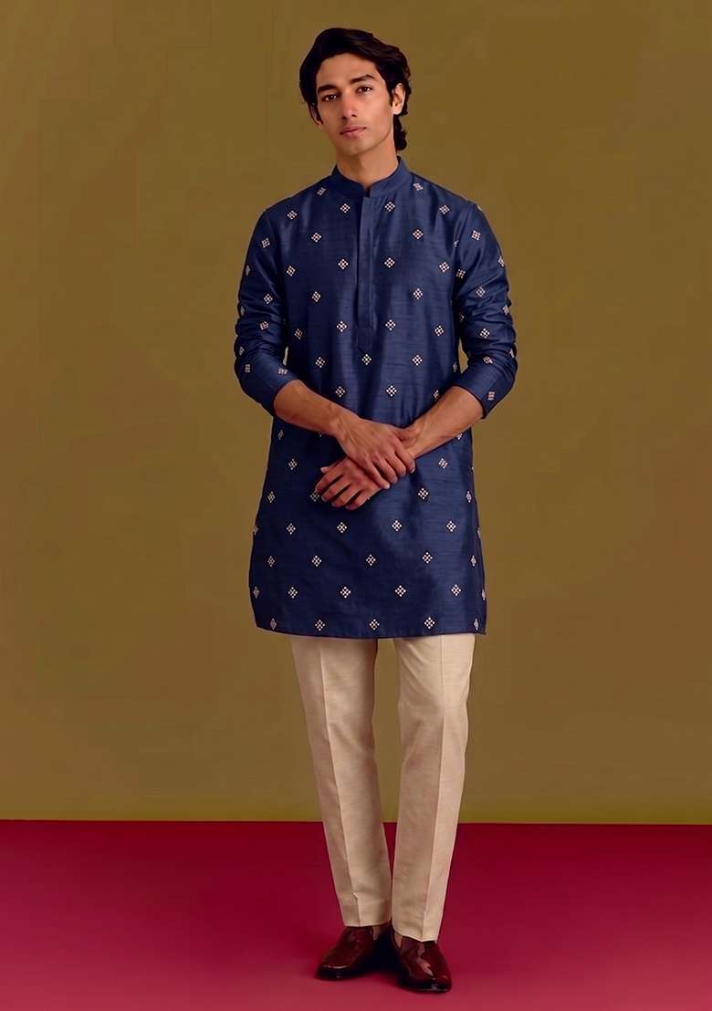 Navy Blue Handwork Silk Kurta Set - Indya