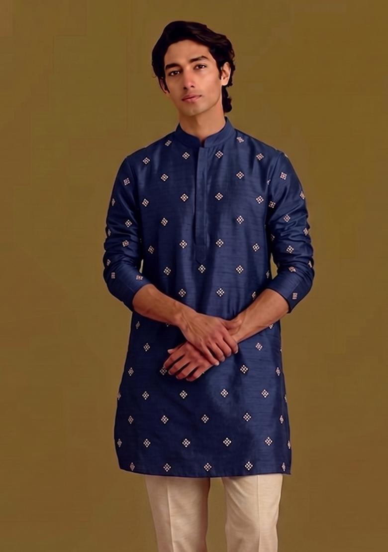 Navy Blue Handwork Silk Kurta Set - Indya
