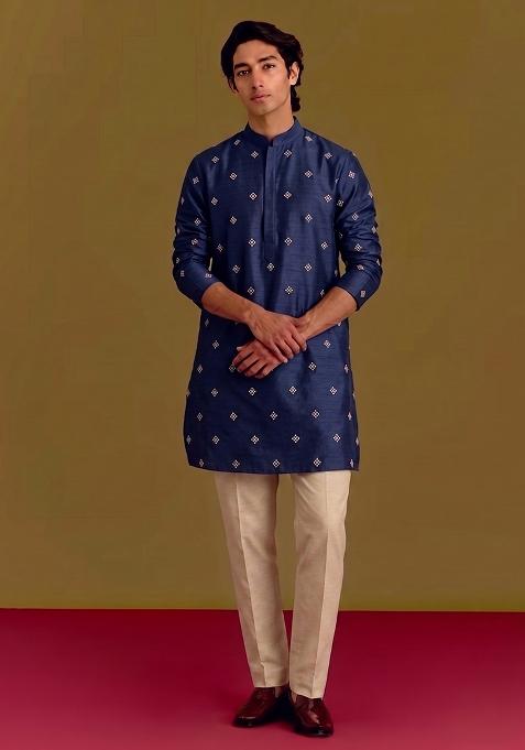 Navy Blue Handwork Silk Kurta Set
