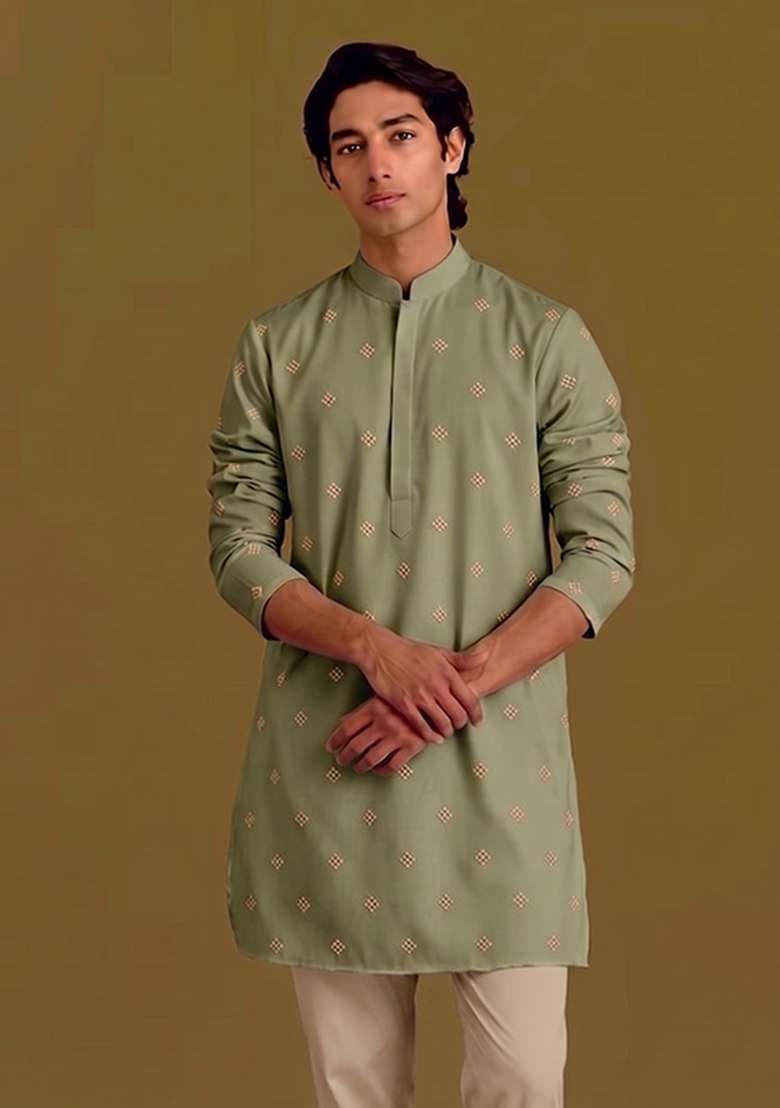 Olive Green Handwork Silk Kurta Set - Indya