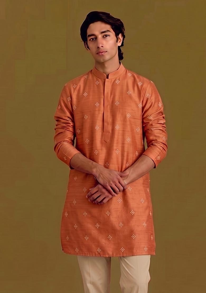 Rust Orange Handwork Silk Kurta Set - Indya
